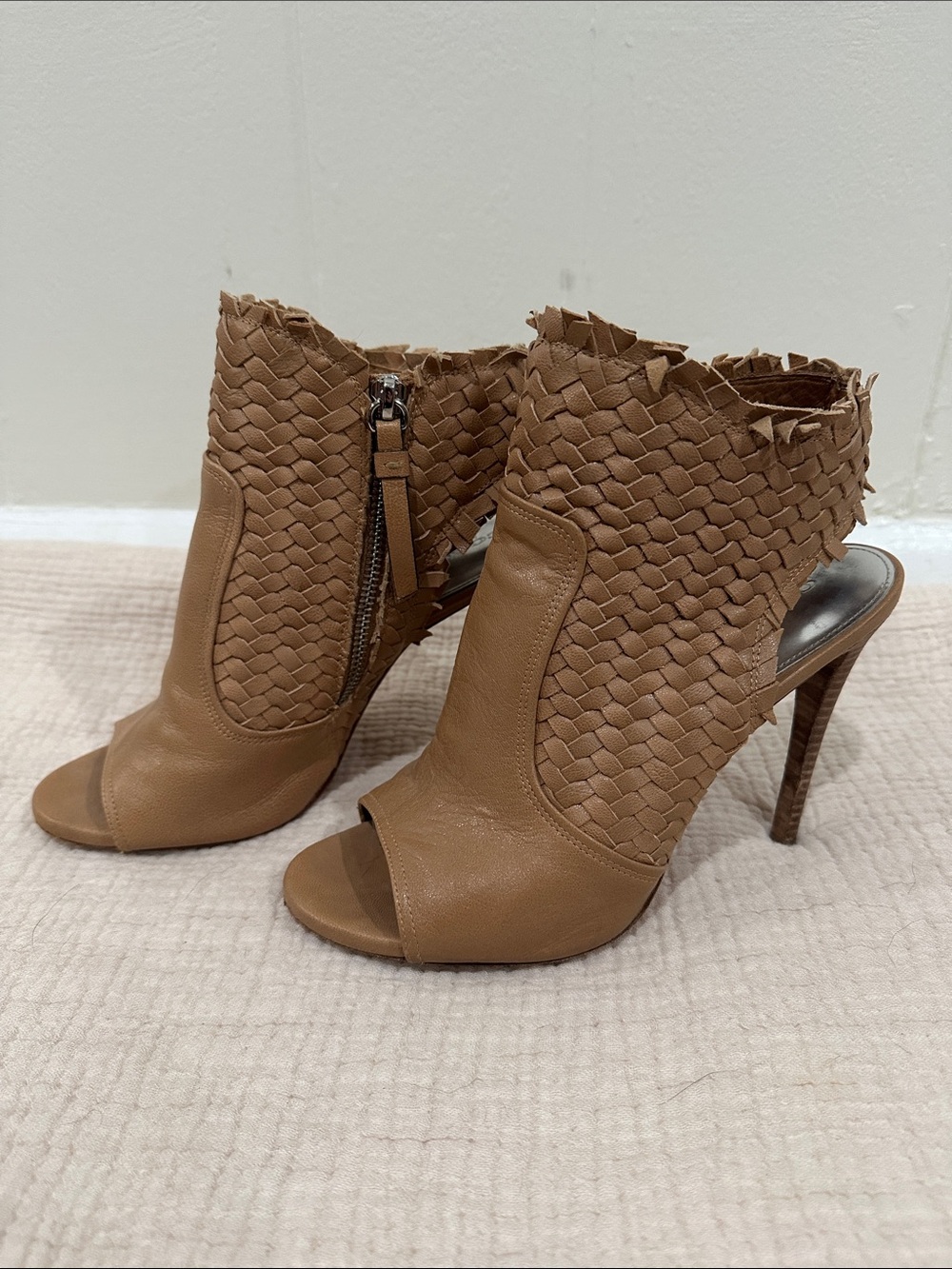 Coach Woven Open-Toe Stiletto Booties in Taupe